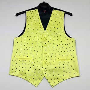 🔴 Brand Q Mens XS Neon Yellow Rhinestone Formal Vest Satin Black Back Adjustable